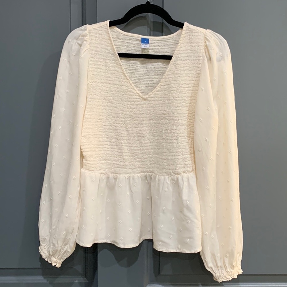 Old Navy Cream Long Sleeve V-neck Peplum Top - Size Medium